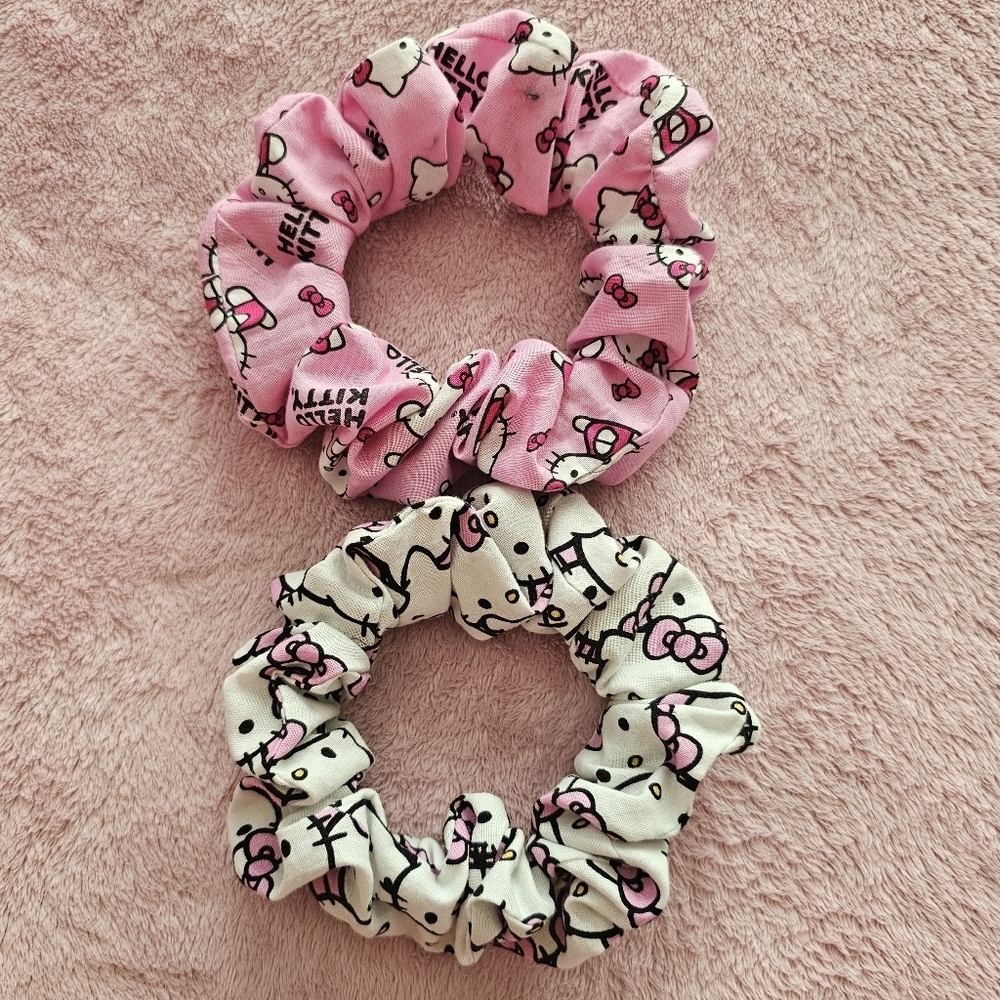 2 Sanrio Hello Kitty Pink Handmade Cute Cotton Scrunchies
